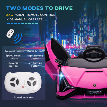 HOMCOM Lamborghini Sian Licensed 12V Kids Electric Ride On Car 2 Motors Toy Car with Remote Control Music Lights MP3 for 3-5 Years Pink 