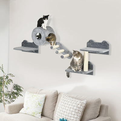 PawHut 4PCs Wall-Mounted Cat Tree, with Steps, Perch, Cat House - Grey 