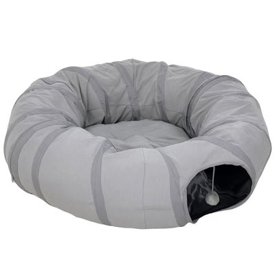 PawHut 2 in 1 Cat Tunnel with Bed, Cat Play Tunnel with Ball & Peek Hole for Indoor Cats, Grey 