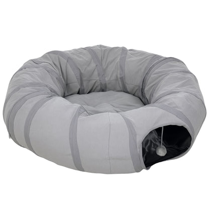 PawHut 2 in 1 Cat Tunnel with Bed, Cat Play Tunnel with Ball & Peek Hole for Indoor Cats, Grey
