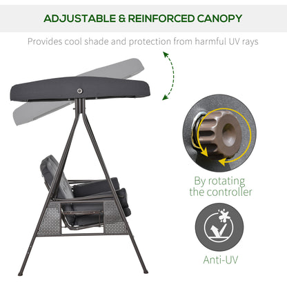 Outsunny 3 Seater Garden Swing Chair Outdoor Hammock Bench w/ Adjustable Canopy, Cushions and Cup Trays, Brown Steel Frame, Dark Grey Fabric 