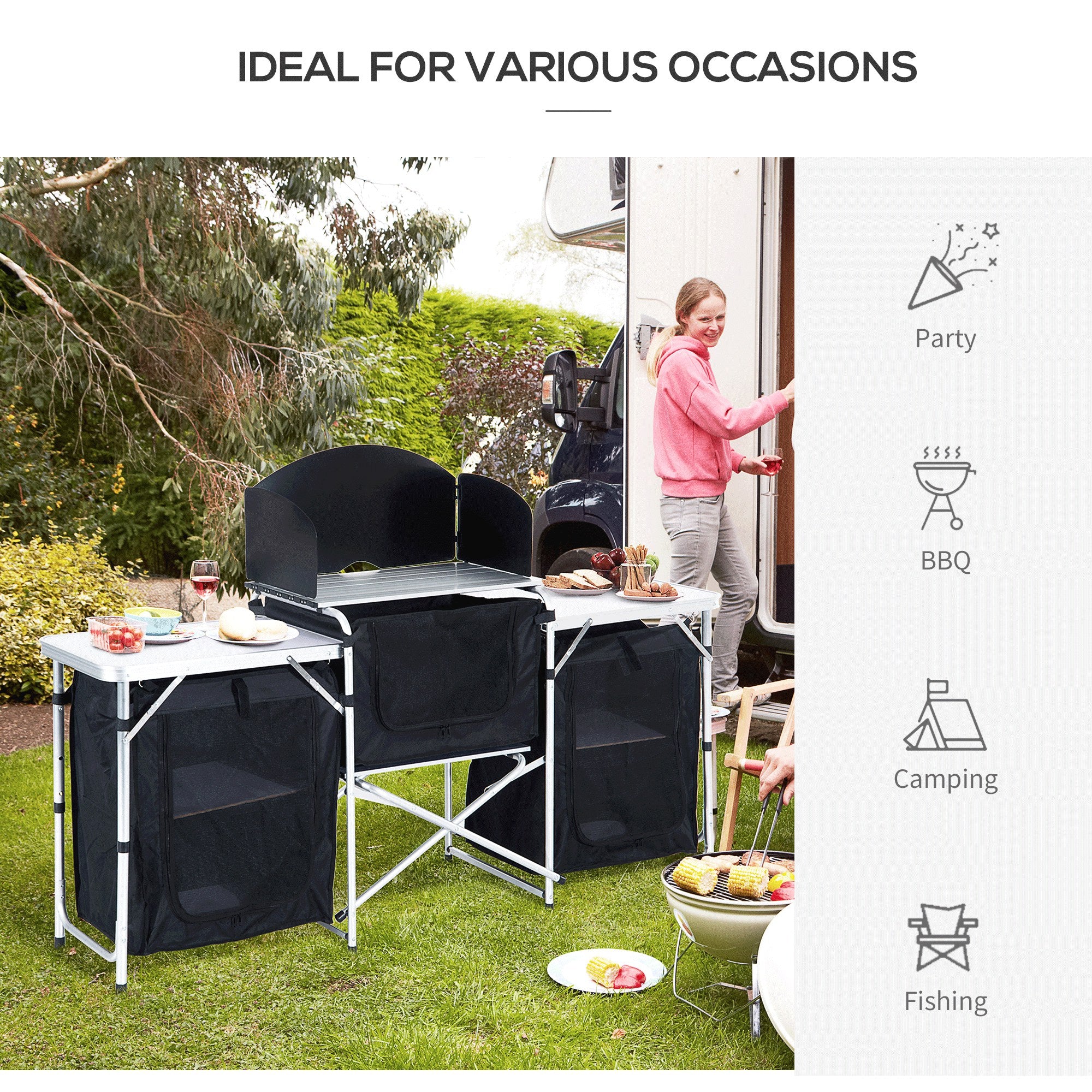 Outsunny Multi-Storage Portable Camping Kitchen, with Heat-Resistant Tabletops and Bag 