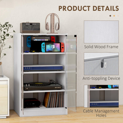 HOMCOM 4-Tier Hi-Fi Stand, Record Player Stand with Adjustable Shelves and Push-to-Open Glass Doors, White Wood-Effect