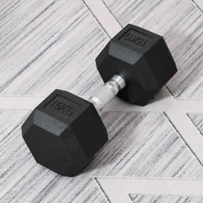 HOMCOM 15KG Single Rubber Hex Dumbbell Portable Hand Weights Dumbbell Home Gym 