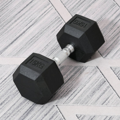 HOMCOM 15KG Single Rubber Hex Dumbbell Portable Hand Weights Dumbbell Home Gym 