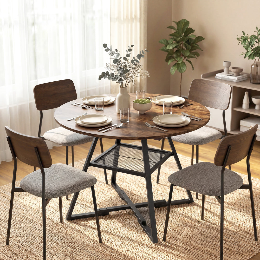 HOMCOM Dining Table for 4 People, 100 cm Round Industrial Kitchen Table with Storage Shelf, Rustic Brown 