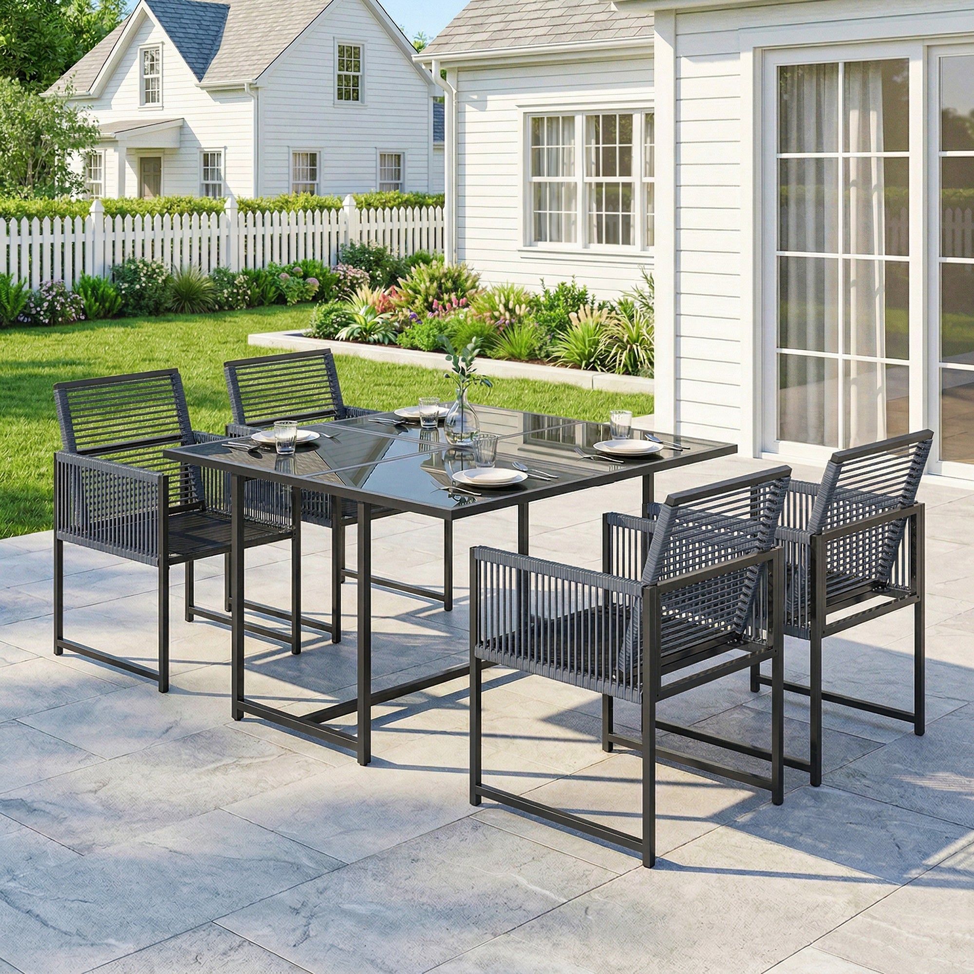 Outsunny 5 Pieces Garden Dining Set, Outdoor Patio Cube Set, 4 Seater Outdoor Table and Chairs with Foldable Backrest, Dark Grey 
