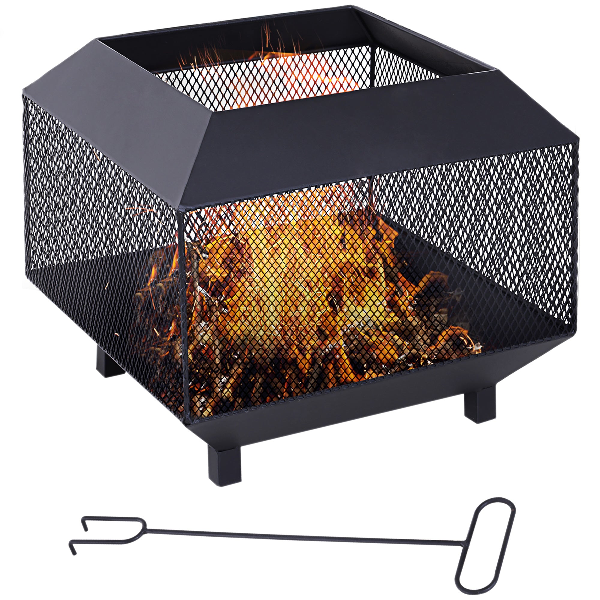 Outsunny Metal Square Fire Pit Outdoor Mesh Firepit Brazier w/ Lid, Log Grate, Poker for Backyard, Camping, Bonfire, Wood Burning Stove, 44 x 44 x 40cm, Black 