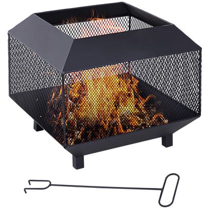 Outsunny Metal Square Fire Pit Outdoor Mesh Firepit Brazier w/ Lid, Log Grate, Poker for Backyard, Camping, Bonfire, Wood Burning Stove, 44 x 44 x 40cm, Black 