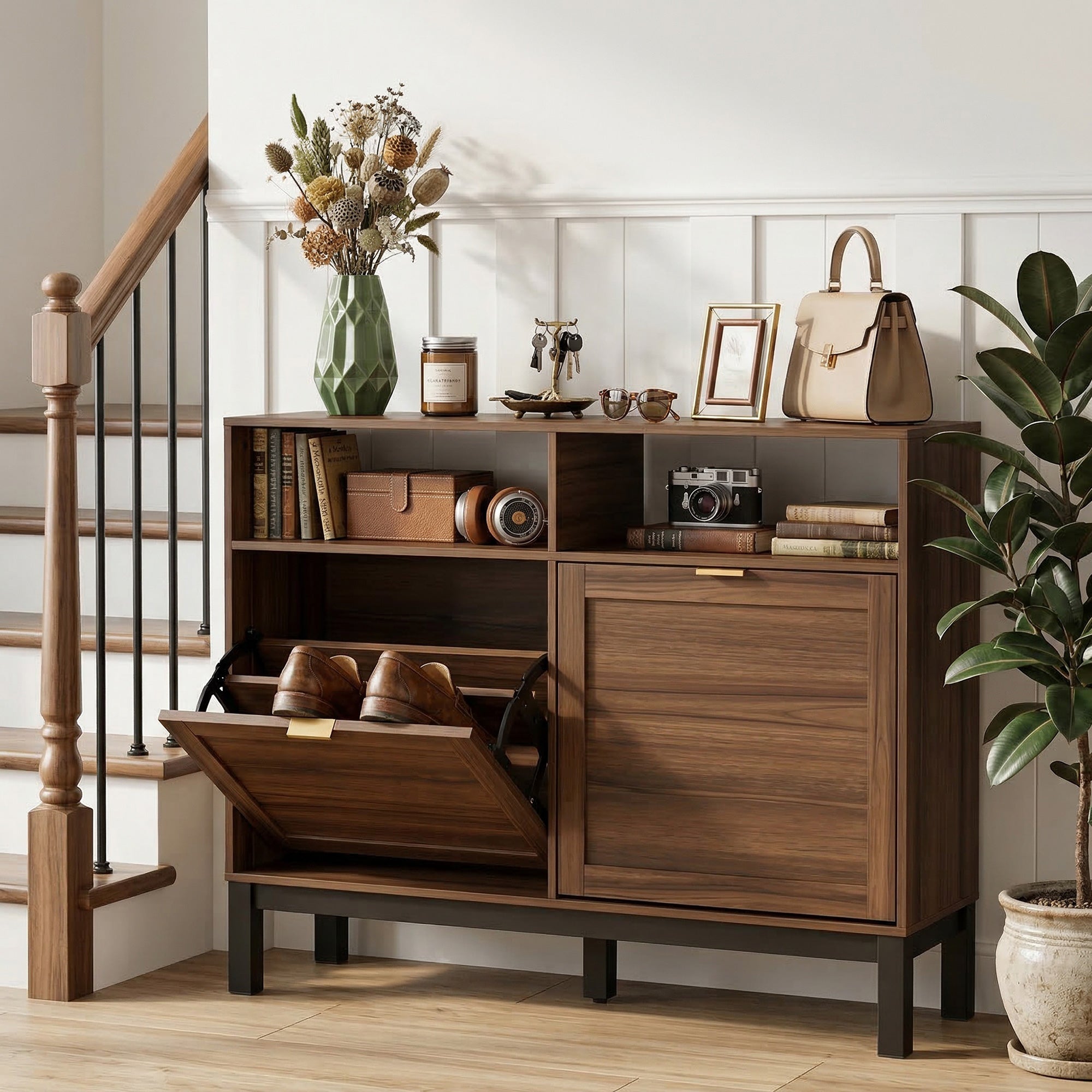 HOMCOM Shoe Cabinet with 2 Flip Drawers, Narrow Shoe Storage Top for Entryway Hallway, Rustic Brown 