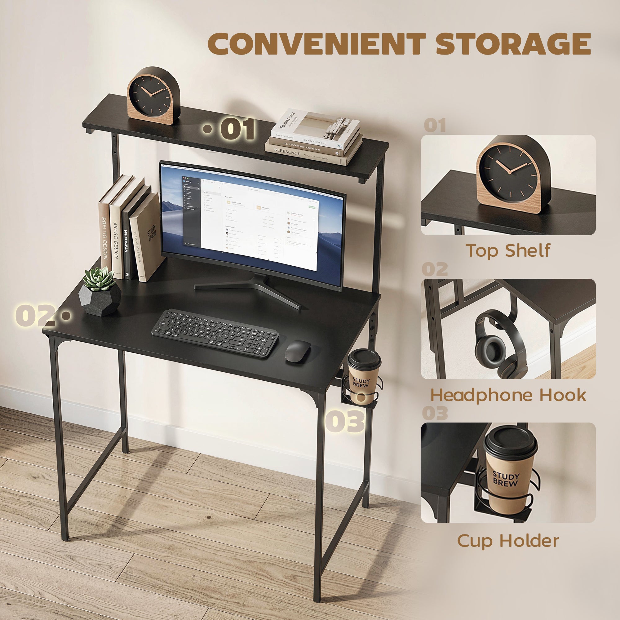 HOMCOM Computer Desk, 80cm Home Office Study Table with Hutch Shelf, Cup Holder, Headphone Hook, Black 