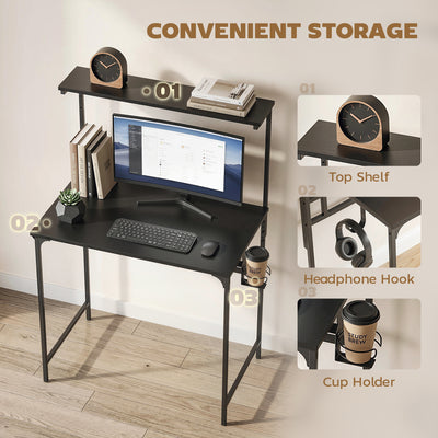 HOMCOM Computer Desk, 80cm Home Office Study Table with Hutch Shelf, Cup Holder, Headphone Hook, Black 