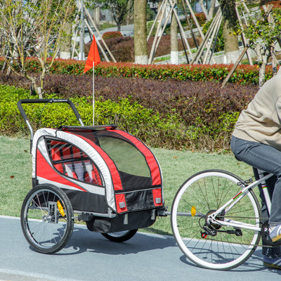 HOMCOM Baby Bike Trailer, Child Bicycle Trailer with 5 Point Harness, Steel Frame, Reflectors, Safety Flag, Hitch Coupler, Red 