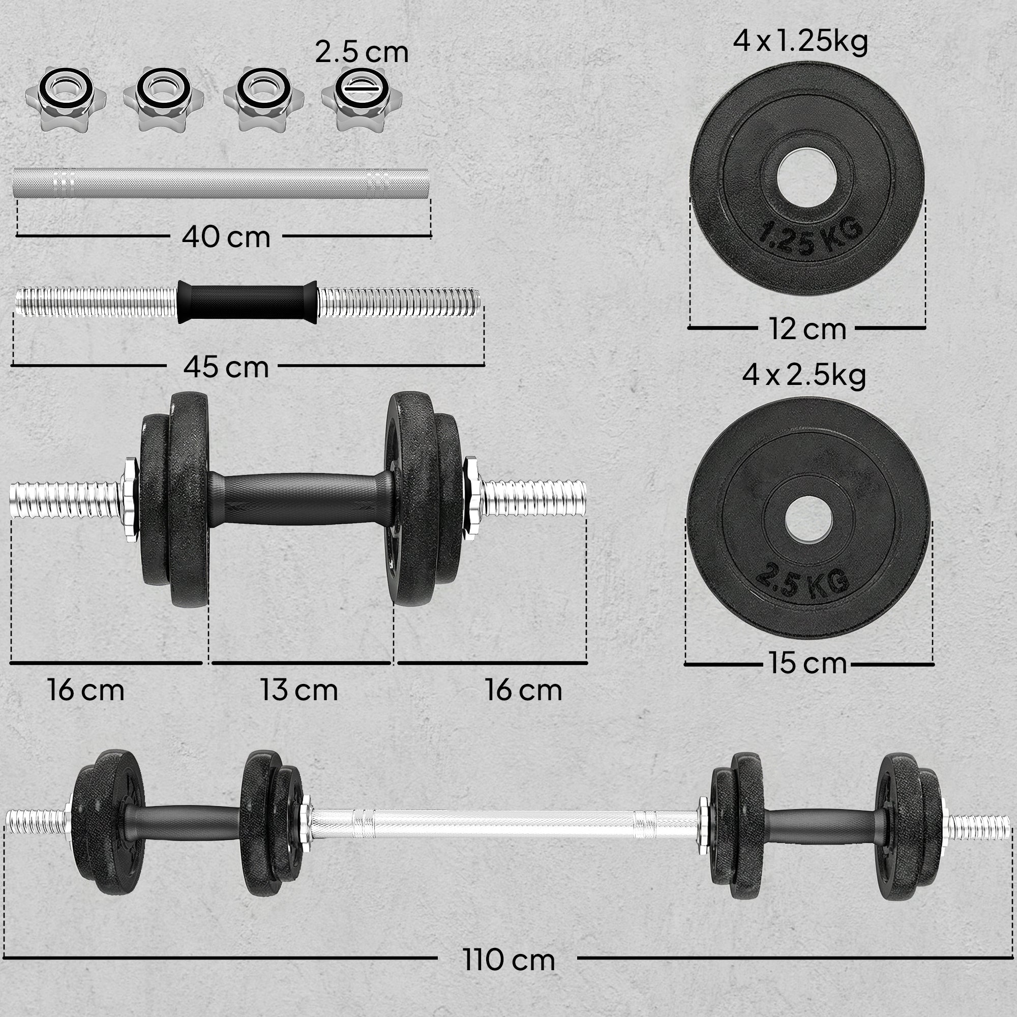 SPORTNOW 2-in-1 Adjustable Dumbbells Set, 20kg Cast Iron Weights Dumbbells Set with Non-Slip Grip for Strength Training, Weight Lifting, Bodybuilding, Home Gym Workout Equipment for Men & Women 