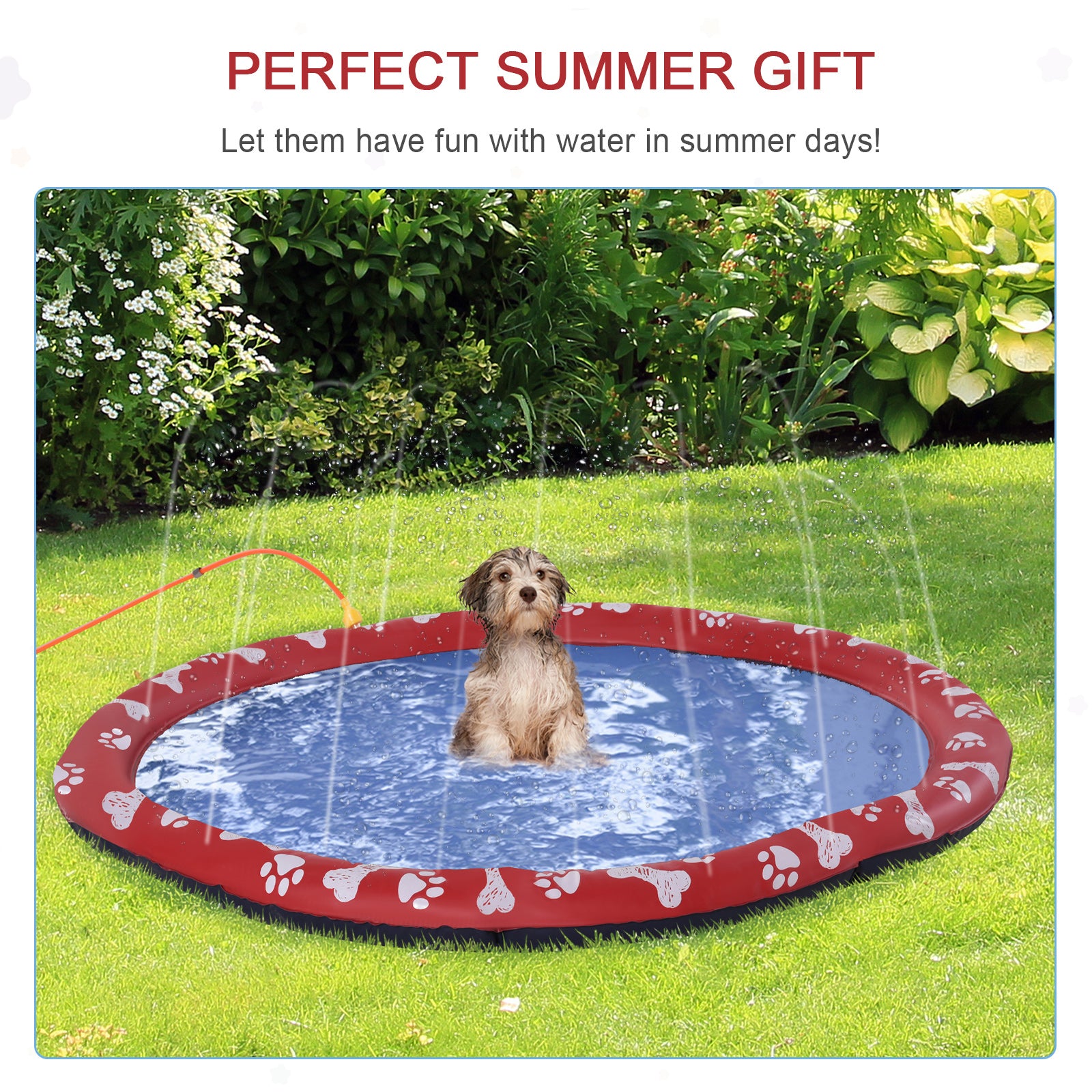 PawHut 170cm Splash Pad Sprinkler for Pets Dog Bath Pool Water Game Mat Toy Non-slip Outdoor Backyard Red 