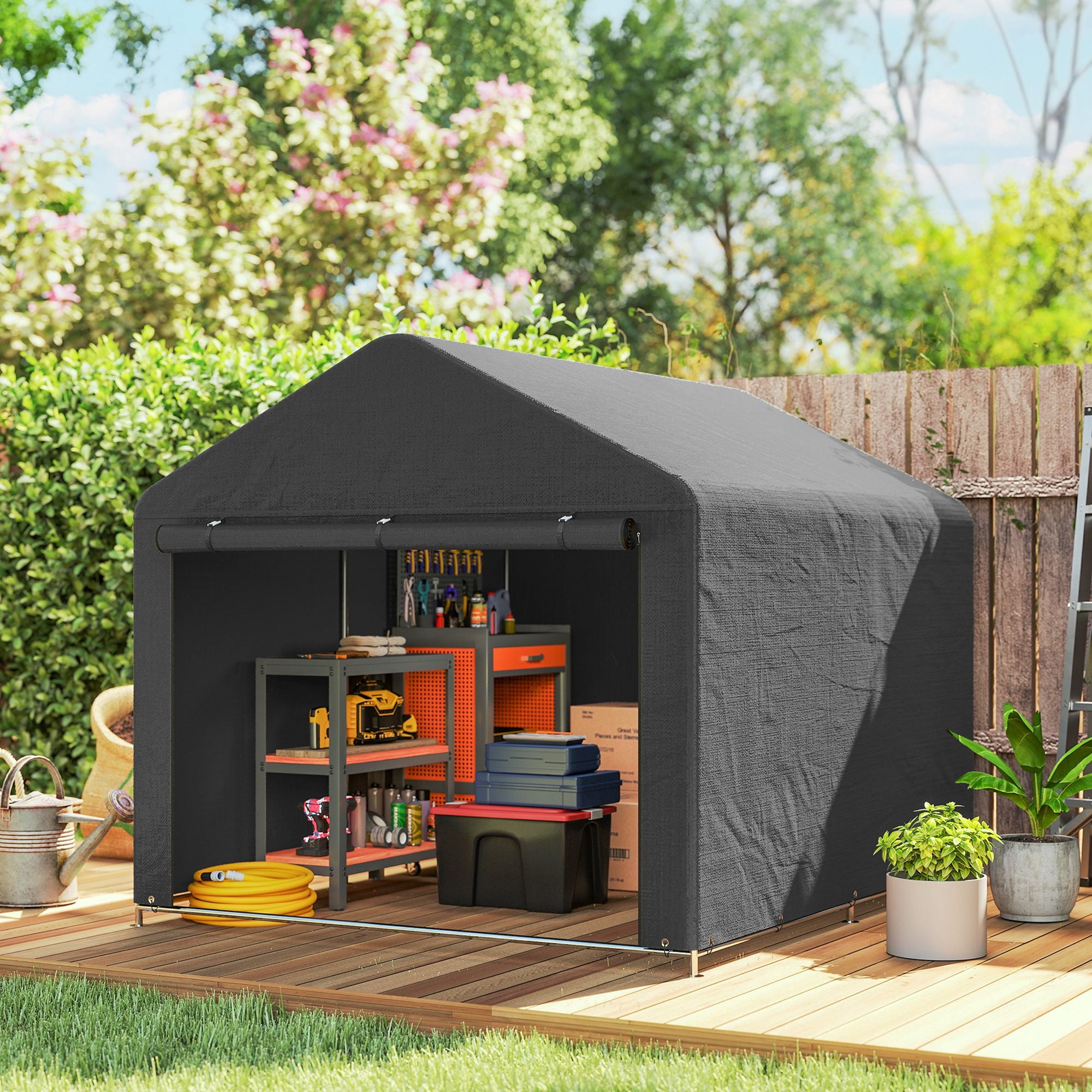 Outsunny 6.6 x 7.8ft Outdoor Garden Storage Shed, Waterproof Bike Tent with Roll-up Zipper Door, Galvanised Metal Frame, Portable Shed Shelter Carport for Motorcycle Garden Tools, Dark Grey 