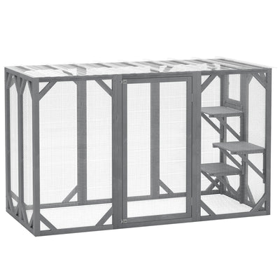 PawHut 71" Outdoor Wooden Cat House with 3 Platforms, Large Door and Weatherproof Roof, for Multiple Cats, Grey 