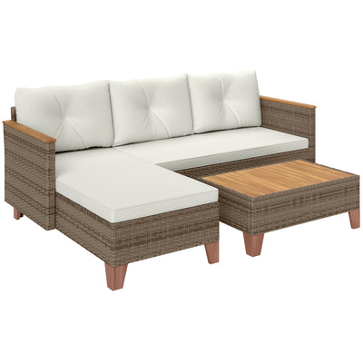 Outsunny 3 Pieces Rattan Garden Furniture Set, L Shaped Garden Conversation Chaise Lounge Furniture with Wood Top Coffee Table and Thick Cushions, Cream 