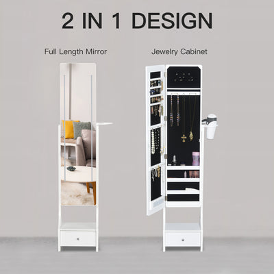HOMCOM Jewellery Cabinet, Full Length Mirror with Storage, Free Standing Mirror with LED Lights, Hooks, Drawer and Hairdryer Holder for Bedroom, White 