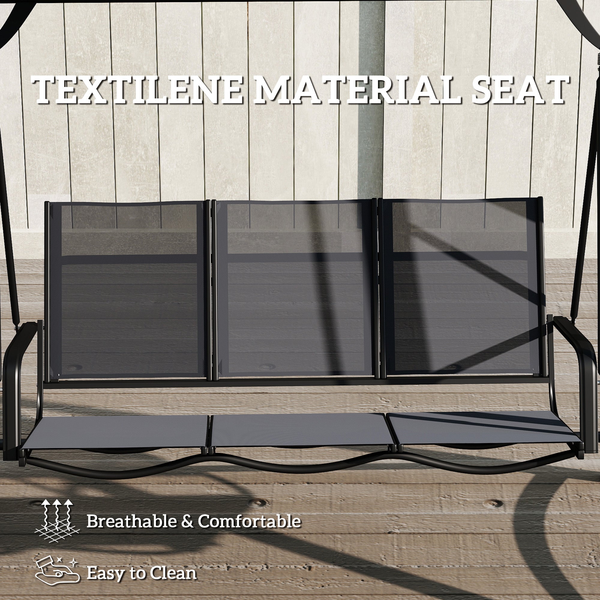 Outsunny 3 Seater Swing Chair, Garden Swing Bench with Adjustable Tilting Canopy, Breathable Mesh Seat 360 kg Capacity, Grey 