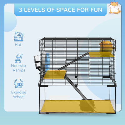 PawHut 3 Tiers Hamster Cage, Gerbil Cage with Deep Glass Bottom, Non-Slip Ramps, Platforms, Hut, Exercise Wheels, Water Bottle, Dish, for Syrian Hamster, Dwarf Hamster, 60 x 40 x 57cm 