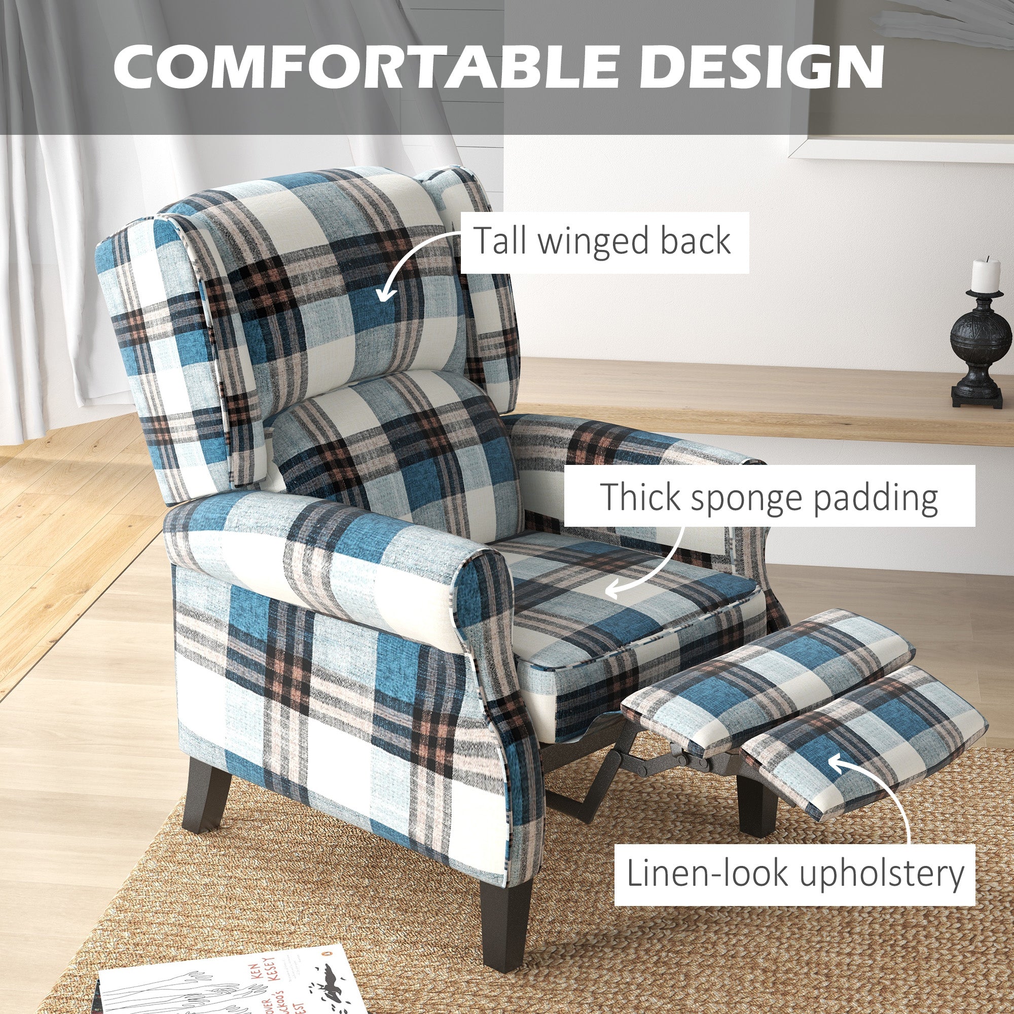 HOMCOM Wingback Reclining Chair Push Back Recliner Armchair for Living Room Bedroom with Footrest Armrests Wood Legs Blue 