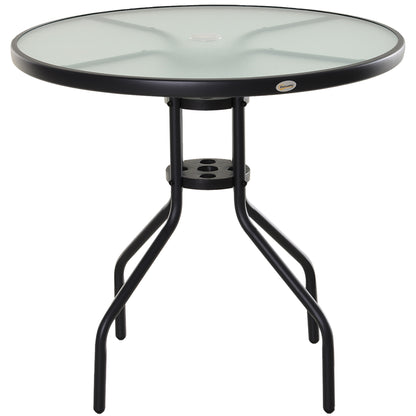 Outsunny Bistro Table Outdoor Round Dining Coffee Table with Parasol Hole, Tempered Glass Top Side Table Patio Garden - 80cm Diameter 