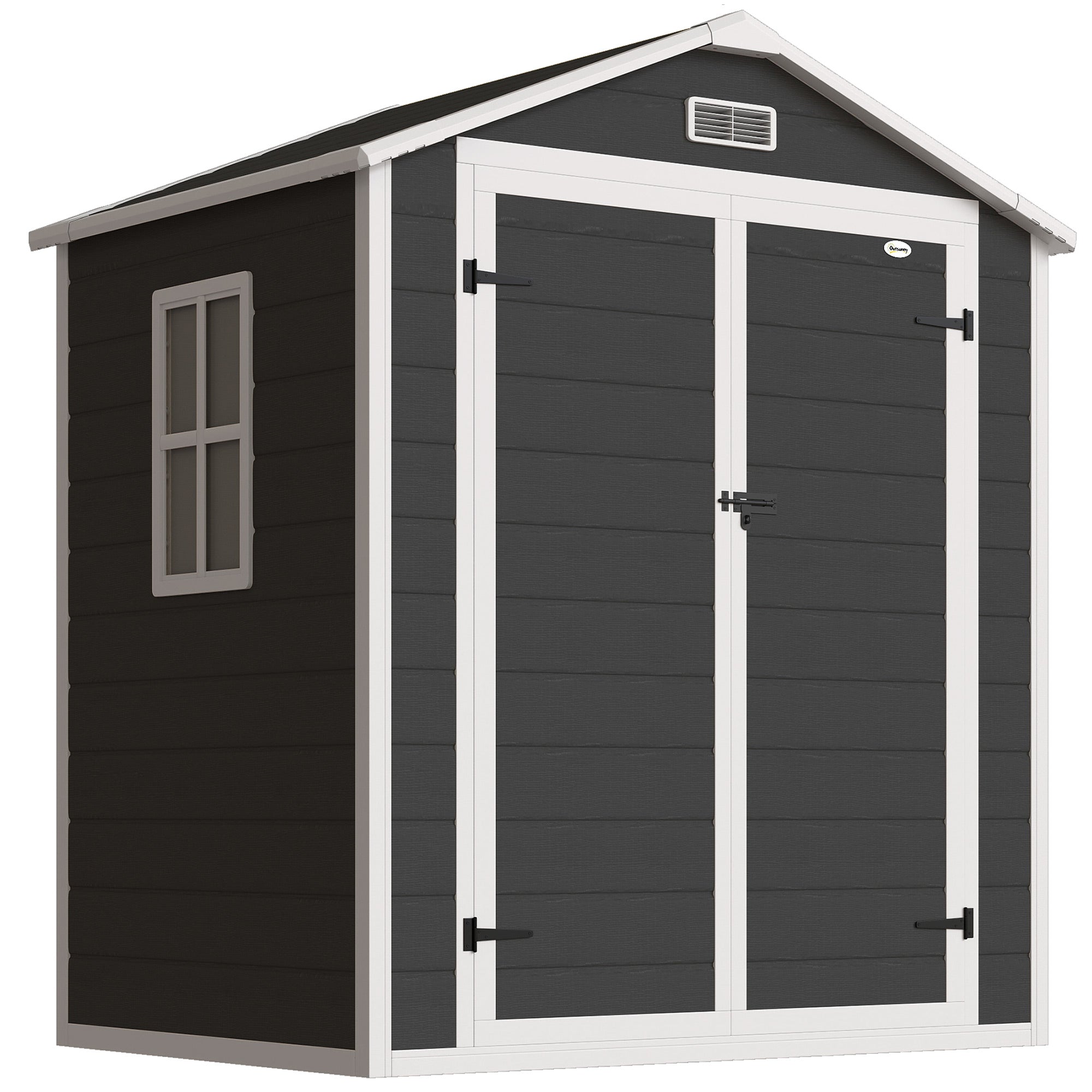 Outsunny 6'x4.5' Garden Storage Shed, Lockable Garden Shed with Double Doors, Window, Vent and Plastic Roof, Black 