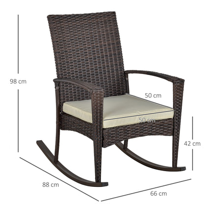 Outsunny PE Rattan Garden Rocking Chair, Outdoor Rocking with Cushion, 160 KG Capacity Wicker Garden Armchair Rocker with Metal Frame for Patio, Porch, Balcony, Brown 