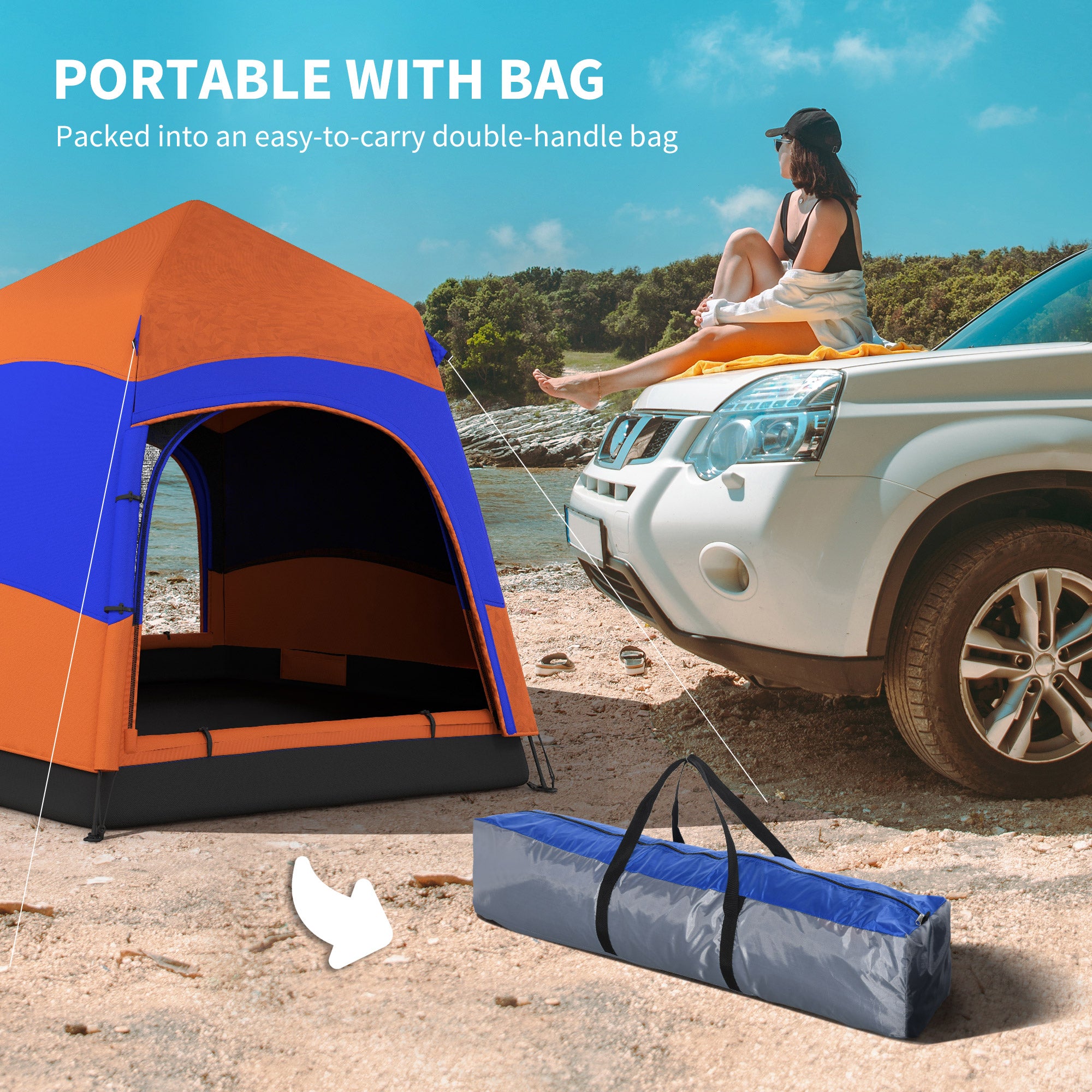 Outsunny Six Man Hexagon Camping Tent with Hang Hook and Carry Bag - Orange and Blue 