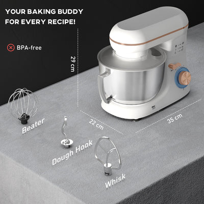 HOMCOM 1300W Kitchen Stand Mixer, with Accessories - White 