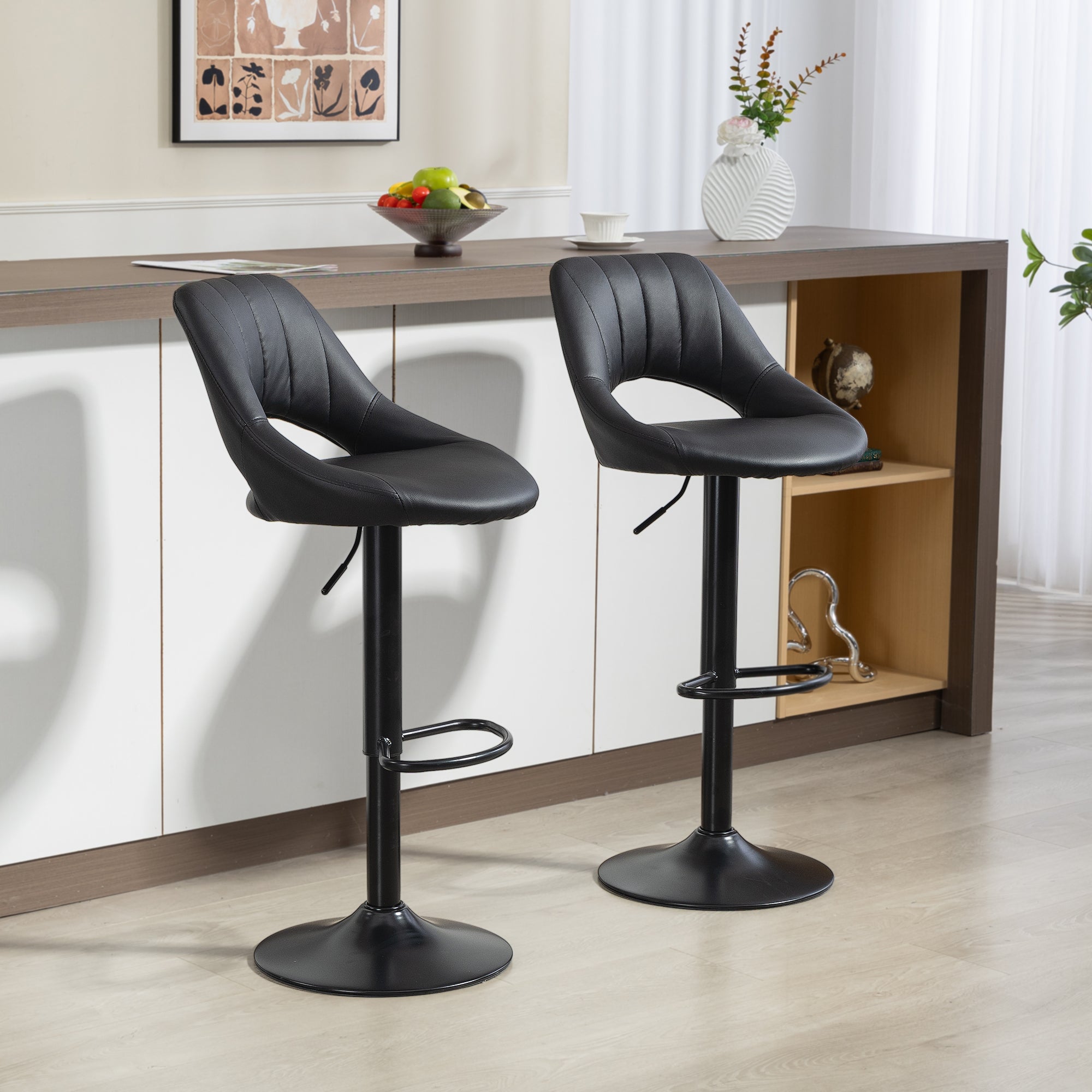 HOMCOM Set of Two Faux Leather Bar Stools - Black 