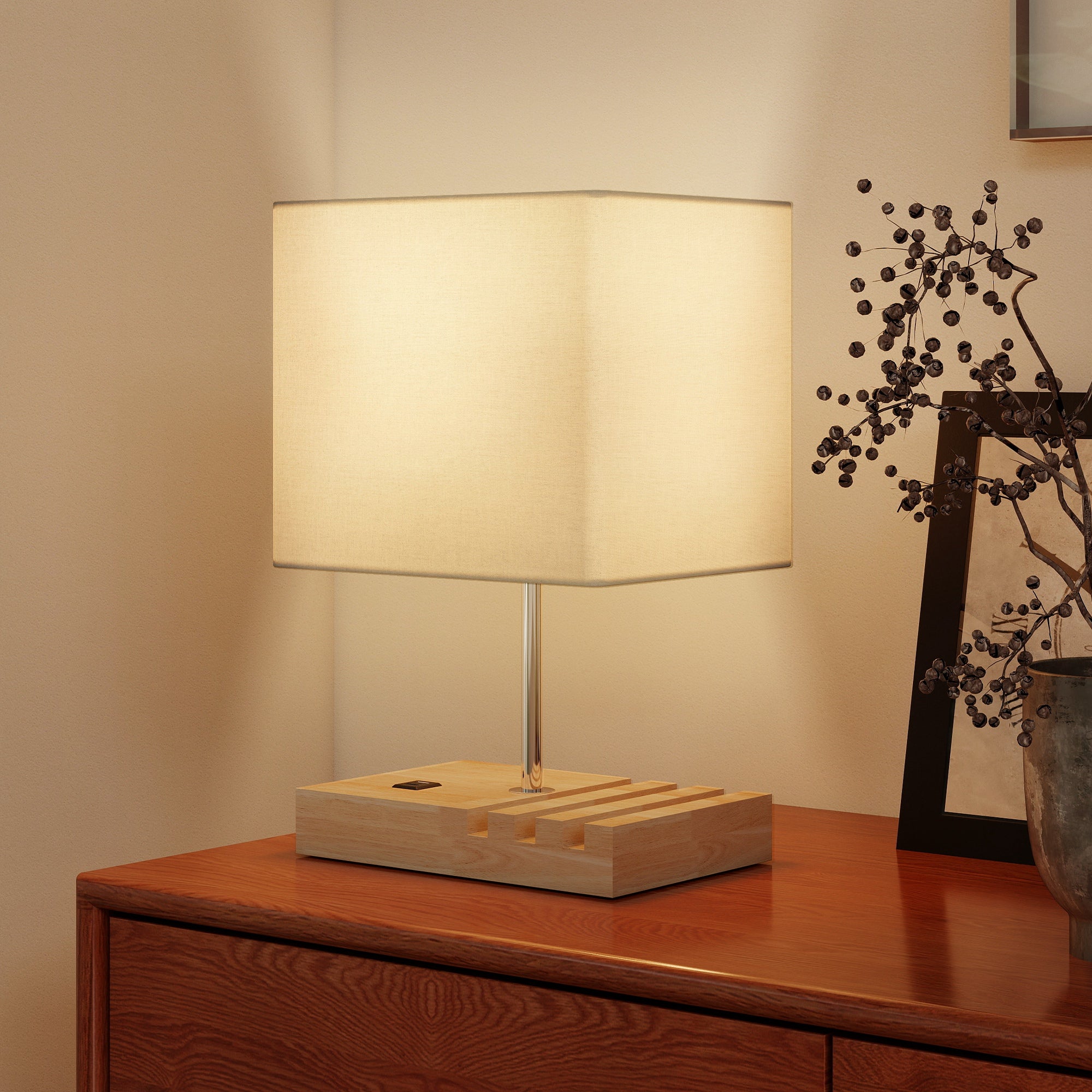 HOMCOM Bedside Lamp with USB A+C Charging Ports and 3 Phone Stands, Modern Table Lamp with Solid Wood Base and Fabric Shade for Bedroom Living Room Office, E27 Socket, Bulb Not Included, White 