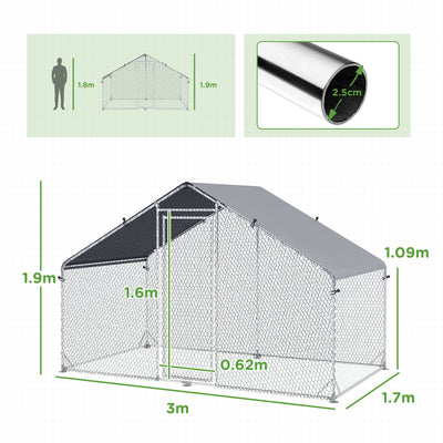 PawHut Galvanised Walk In Chicken Coop Hen House w/ Water-Resist Cover, 3 x 1.7 x 1.9m 