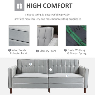 HOMCOM Modern Convertible Sofa Futon Velvet-Touch Tufted Couch Compact Loveseat with Adjustable Split Back, Light Grey 