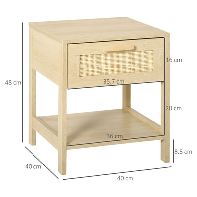 HOMCOM Bedside Table Set of 2 with Rattan Drawer, Rustic Side Tables with Storage Shelf for Bedroom, Living Room, Natural 