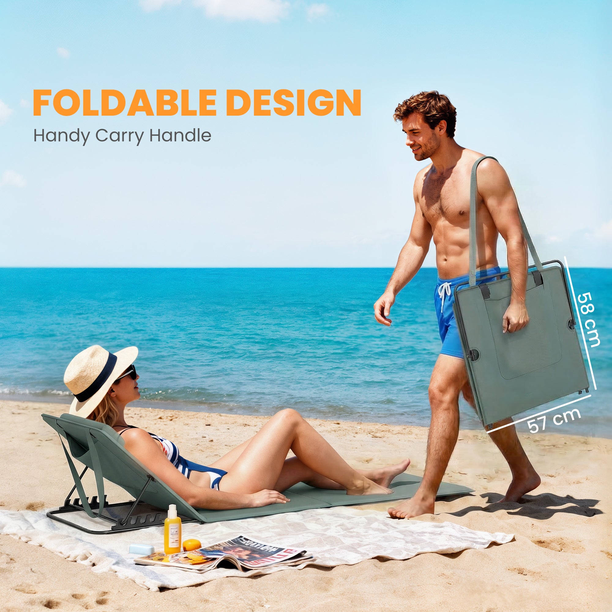 Outsunny Foldable Sun Loungers Set of 2, Portable Folding Beach Lounger with 4-level Adjustable Backrest, Grey 
