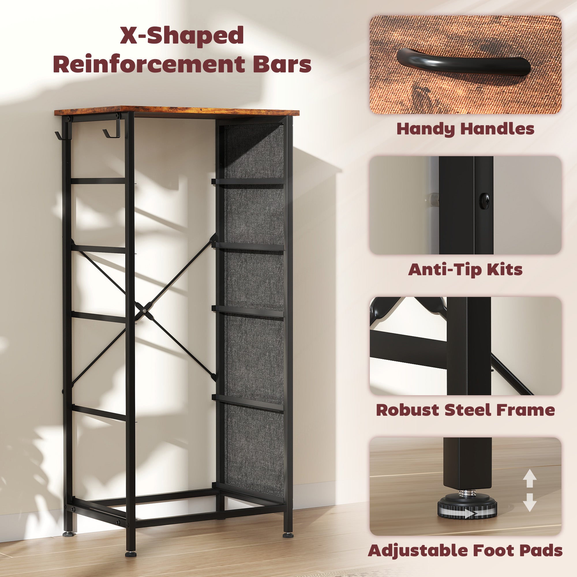 HOMCOM Chest of Five Fabric Drawers - Rustic Brown