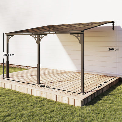 Outsunny 4 x 3 m Metal Lean-to Pergola, Wall-Mounted Garden Pergola with Polycarbonate Roof and Metal-Aluminium Frame, Heavy Duty Hardtop Gazebo for Outdoor Patios, BBQ, Brown 