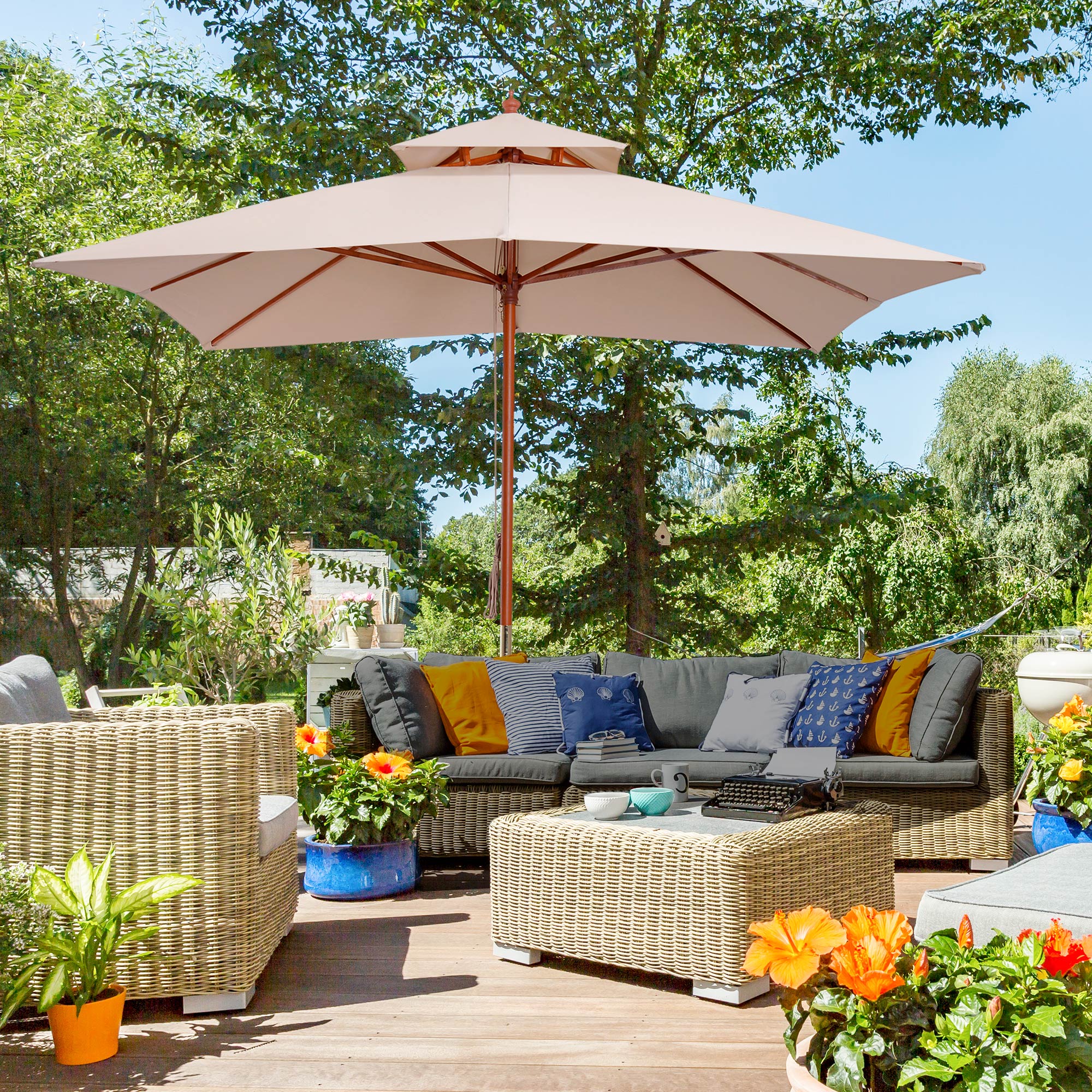 Outsunny 3 x 3 metre Patio Parasol Garden Umbrellas Sunshade Outdoor Wooden Parasol Canopy Double Tier, Beige, BASE NOT INCLUDED 
