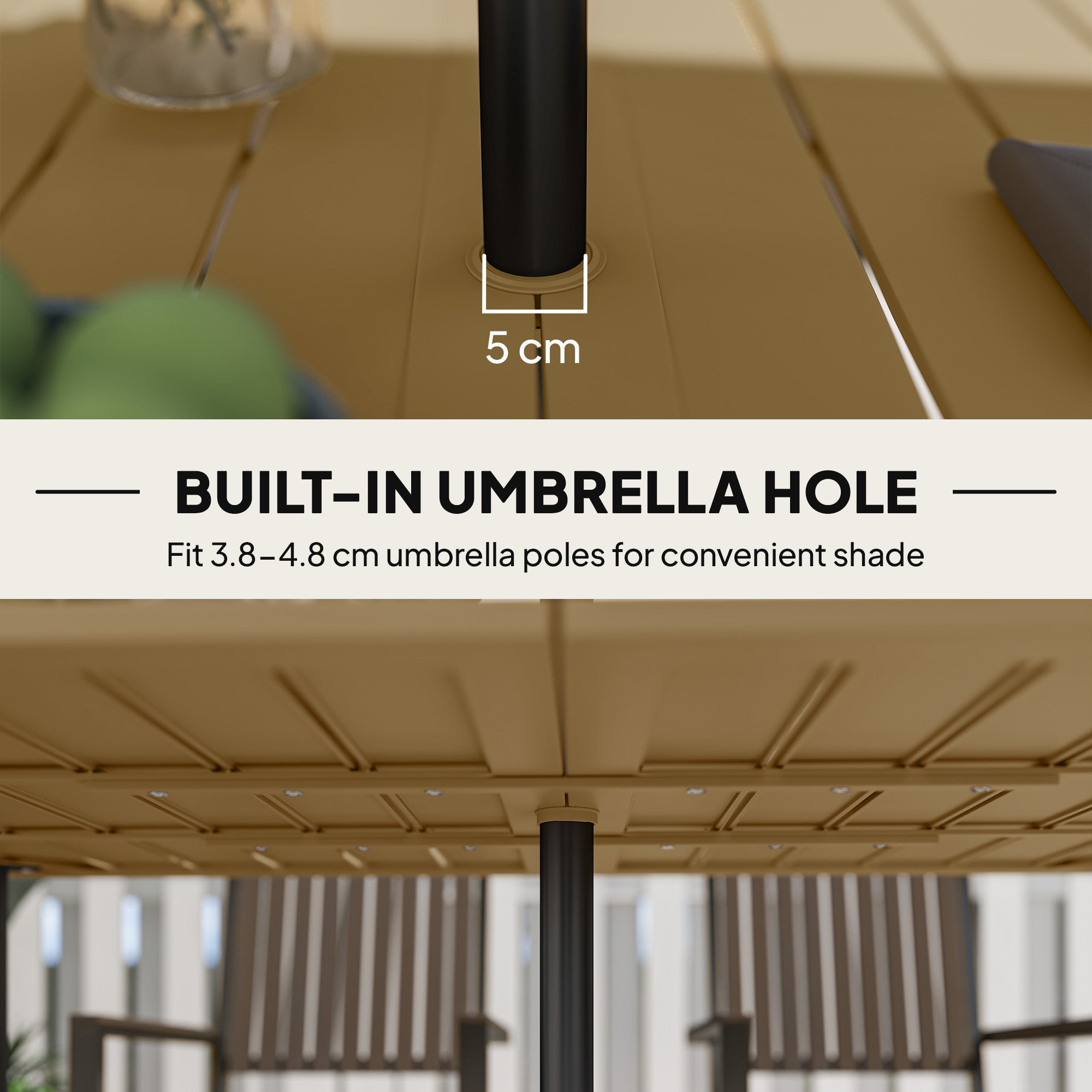 Outsunny Garden Dining Table for 6 Person, Rectangle Outdoor Coffee Table with 5 cm Parasol Hole, Slatted Tabletop and Steel Frame for Patio Balcony, Brown 