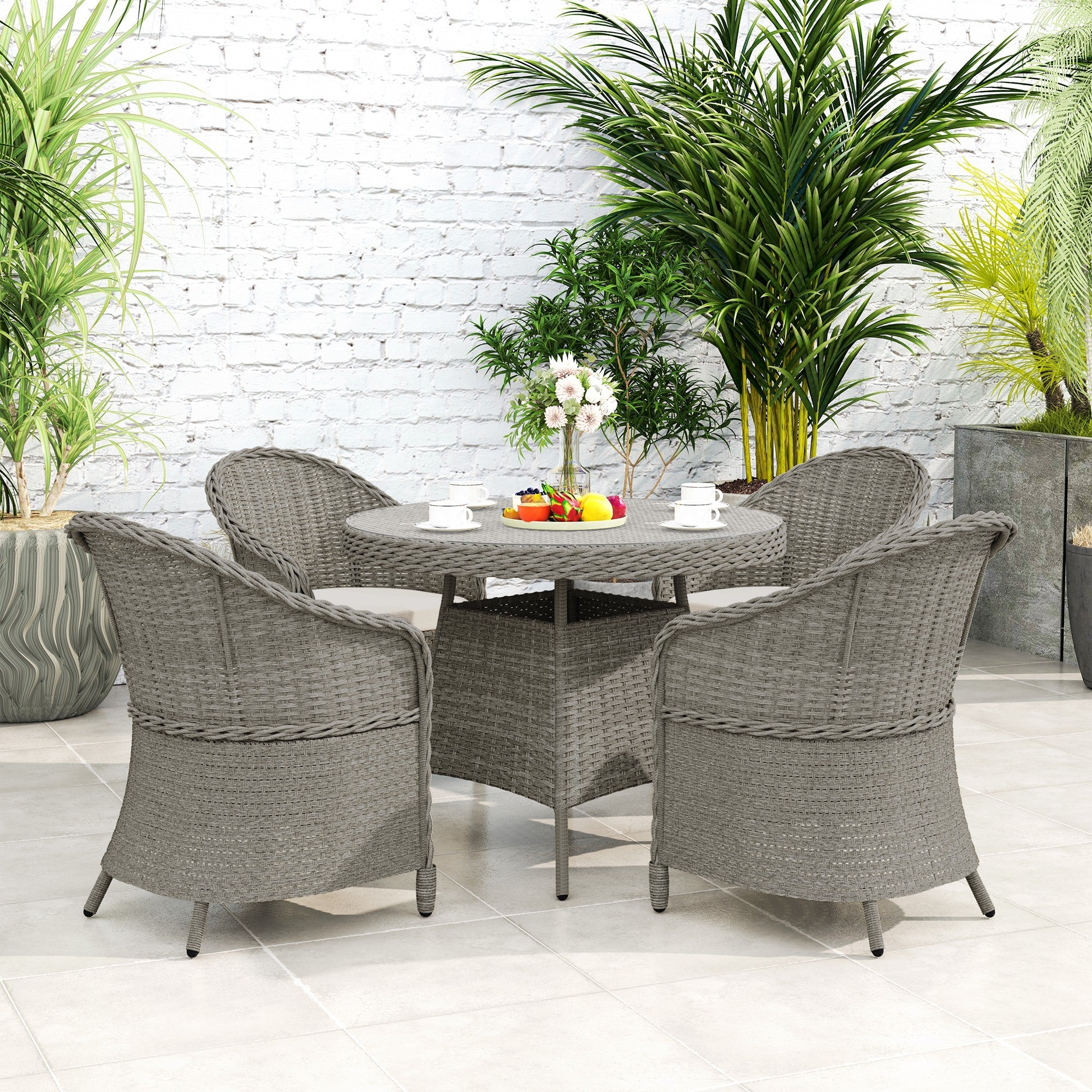 Outsunny 4 Seater Rattan Garden Furniture Set with Cushions, Round PE Rattan Dining Set with Glass-Top Table, Umbrella Hole, Outdoor Garden Table and Chairs, Grey 