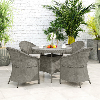 Outsunny 4 Seater Rattan Garden Furniture Set with Cushions, Round PE Rattan Dining Set with Glass-Top Table, Umbrella Hole, Outdoor Garden Table and Chairs, Grey 