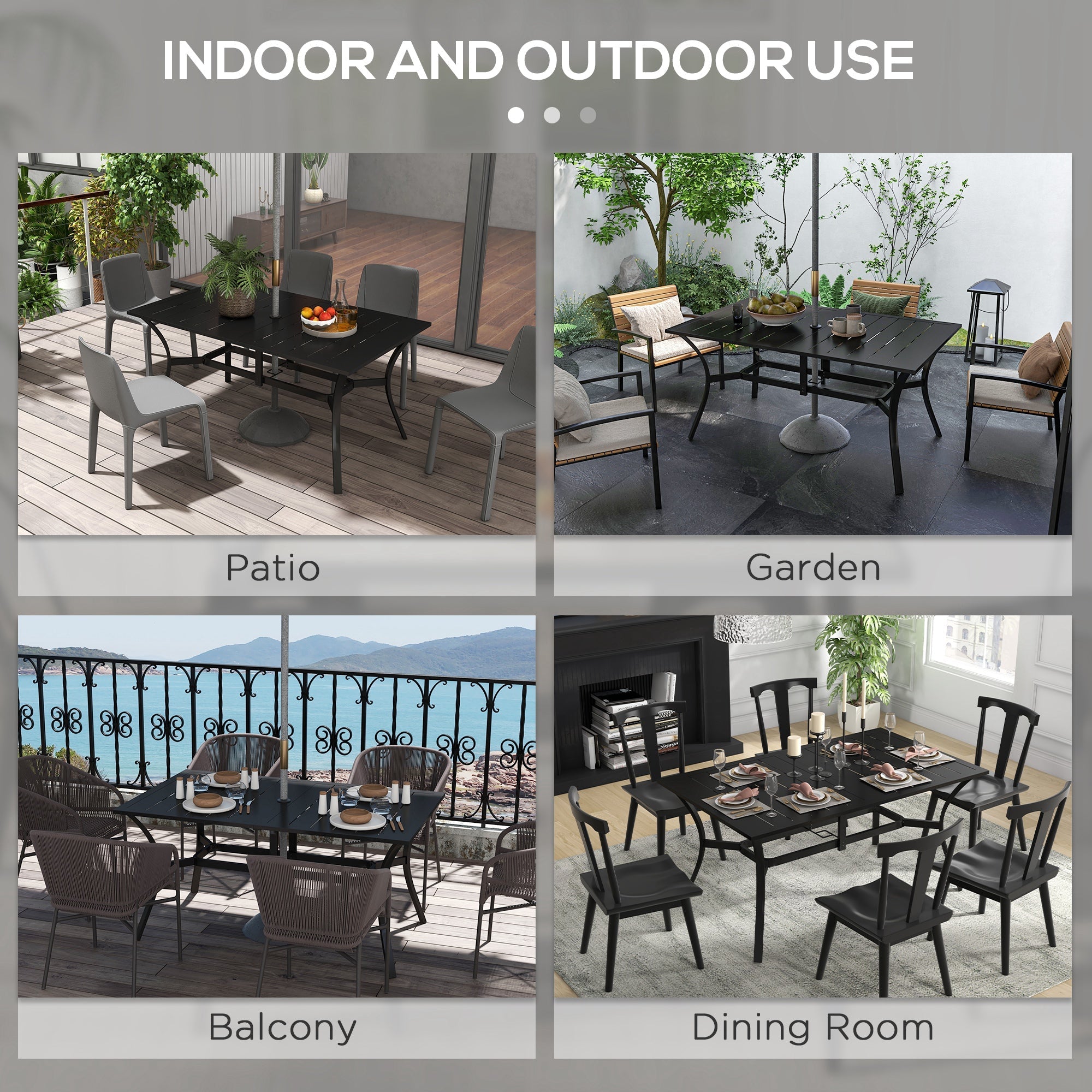 Outsunny Rectangle Garden Dining Table with Parasol Hole, Patio Table with Steel Frame and Slat Tabletop, 150cm x 90cm, Black 