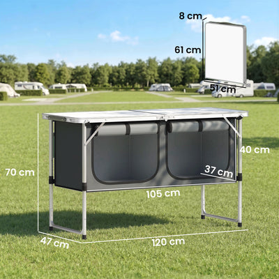 Outsunny Camping Cupboards Folding Portable Aluminium Camp Cook Station with Storage Cupboard for Outdoor BBQ 