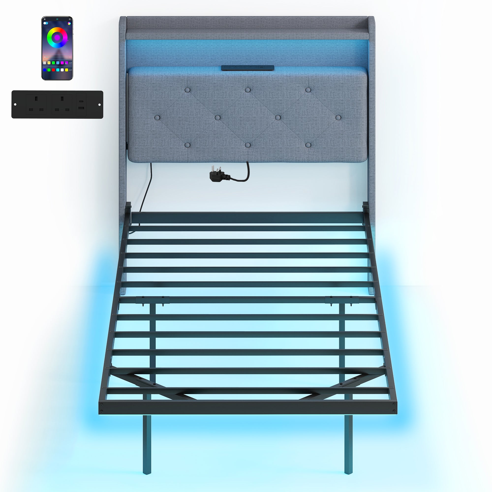 HOMCOM Floating Bed Frame, Upholstered 3ft Single Size Bed, Platform Bed with RGB LED Lights and Charging Station, Grey 