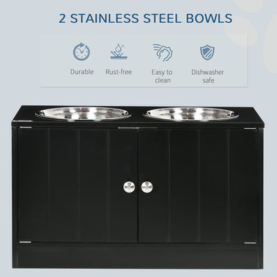 PawHut Raised Pet Feeder, with Two Bowls, Storage - Black 