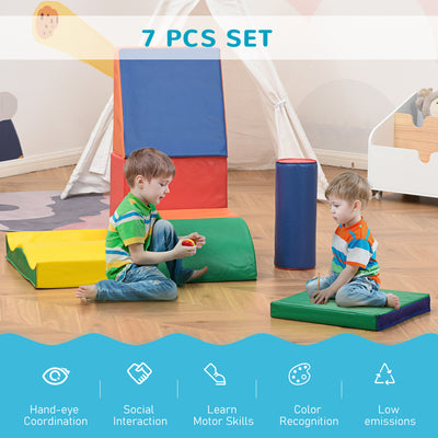 HOMCOM Soft Play Set, 7 Piece Soft Foam Blocks, Toddler Climb and Crawl Activity Play Set for 1-3 Years, Soft Play Equipment for Building and Stacking, Educational Play, Red 