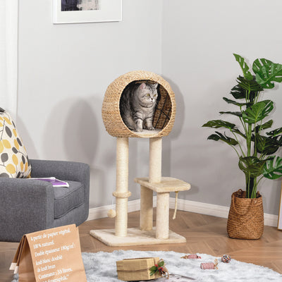 PawHut Cat Tree for Indoor Cats 100cm Kitten Climbing Tower Activity Center with Sisal Scratching Post Condo Perch Hanging Balls Teasing Rope Toy Cushion 