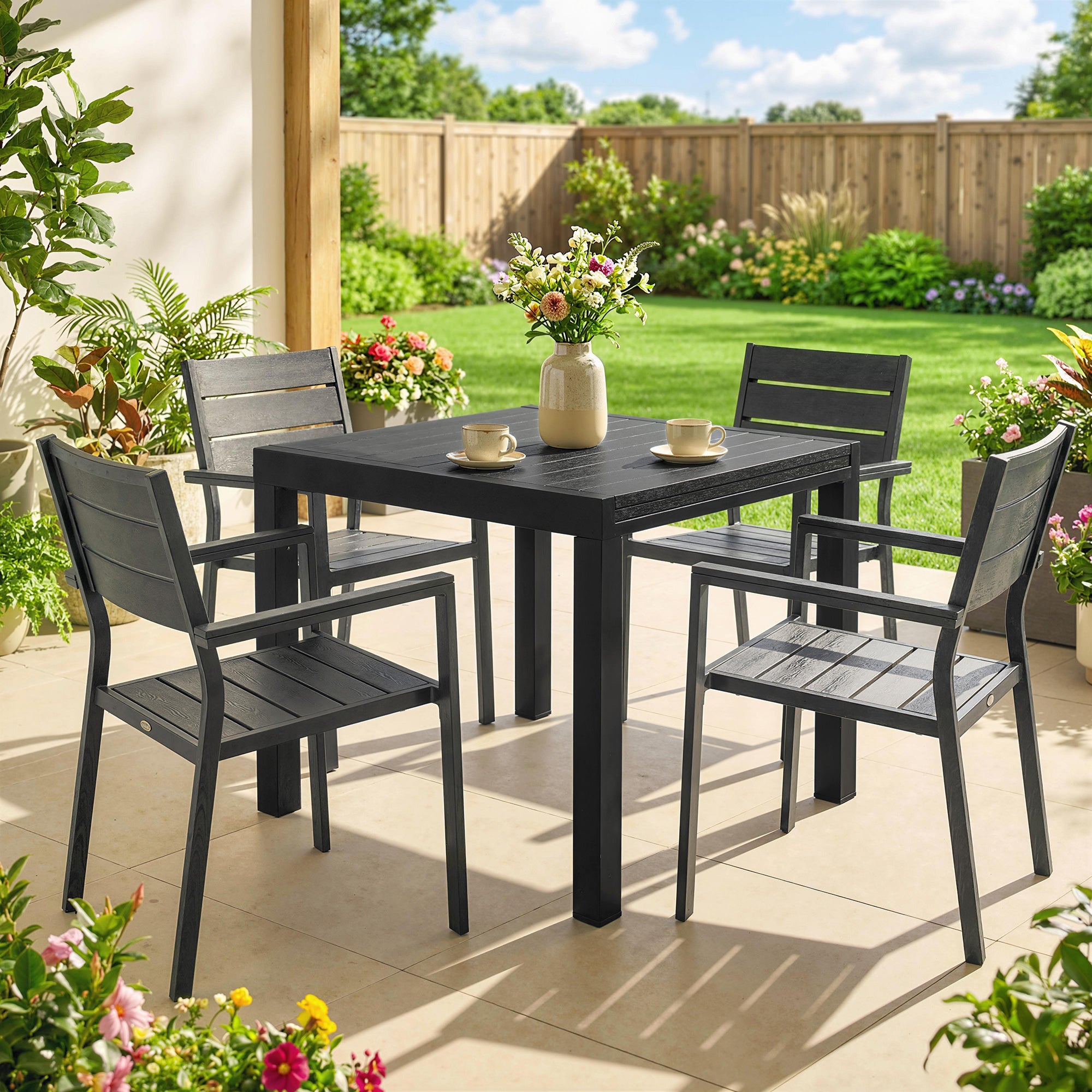 Outsunny Extending Garden Table for 4-6, Aluminium Outdoor Dining Table with Faux Wood Slatted Top, Black 